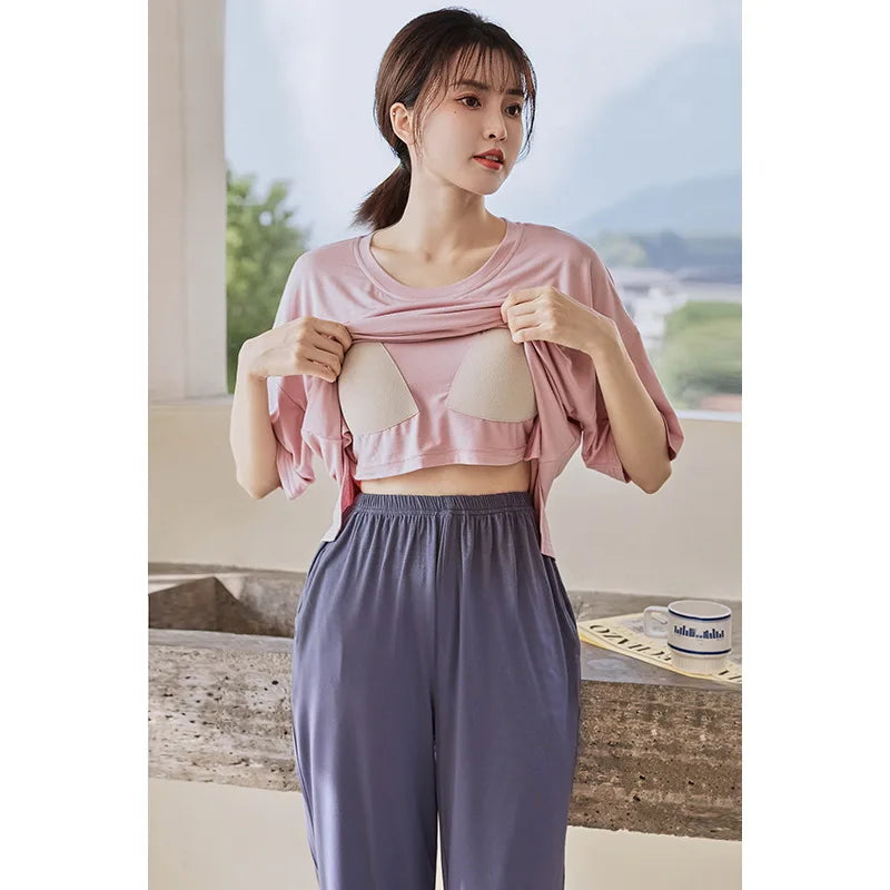 Thin With Chest Pad Summer Women's Suit Pijama New In Women's Sleepwear Short Sleeve Pajama Sets 2 Pieces Cute Clothes