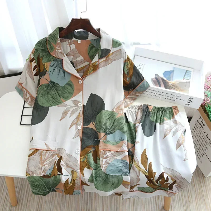 Women's Pajamas Set Short-sleeved Shorts Home Pijima Loose Two-piece Suit for Home Sleepwear Printed Plus Size Female Pijima