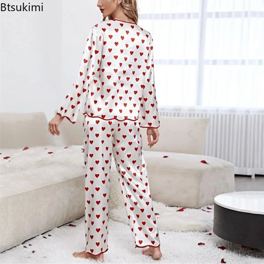 Women's Casual Soft Sleepwear Sets Spring Autumn Satin Printed Heart-shaped Long Sleeved Top and Pants Two Piece Home Suit Set