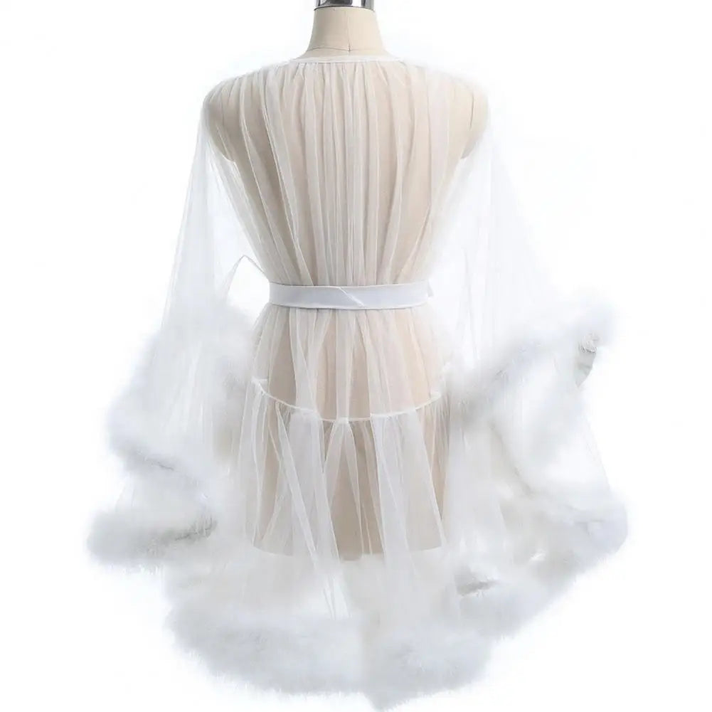 Women Solid Color Nightgown Mesh Ruffle Nightgown with Adjustable Waist Tie Sexy Plush Trim Sleepwear for Women Elegant Solid