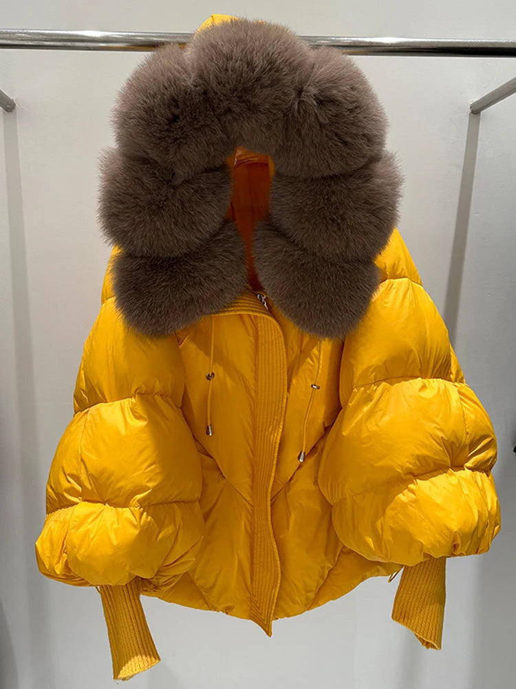 Lagabogy 2025 New Winter Large Real Fur Hooded Puffer Jacket Women White Duck Down Mid Long Parka Thick Warm Knitted Sleeve Coat
