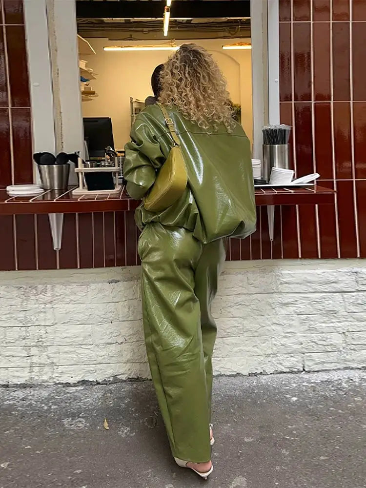 Olive Green Leather Jacket Coat Silhouette Vintage High Street Trend Zipper Lapel Short Overcoat Loose Casual Top Outwear Autumn