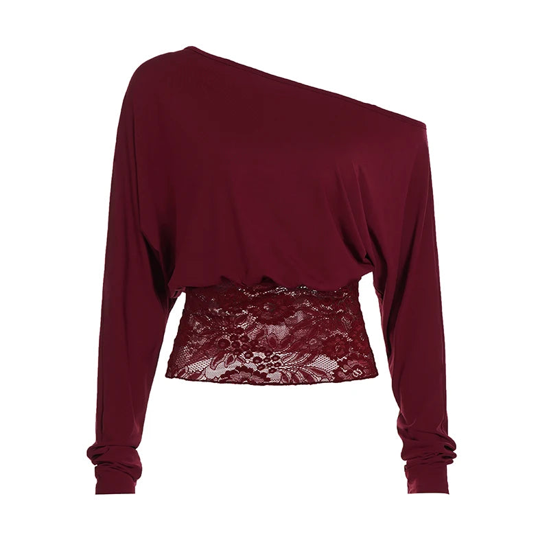 Elegant Patchwork Lace T-Shirt See Through Slim-Fitting Crew Neck Off-Shoulder Tees Women 2026 Fashion New （Two Design Styles）
