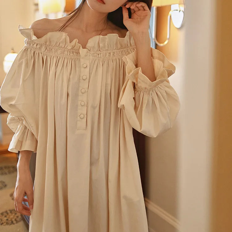 French fairy retro long nightgown 100% cotton court style temperament loose sleepwear evening gown women's long skirt