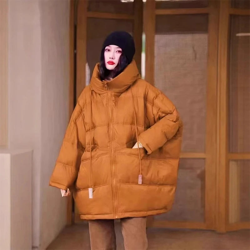 Lagabogy 2025 New Winter Women 90% White Duck Down Jacket Casual Loose Over Size Warm Parka Female Drawstring Hooded Puffer Coat