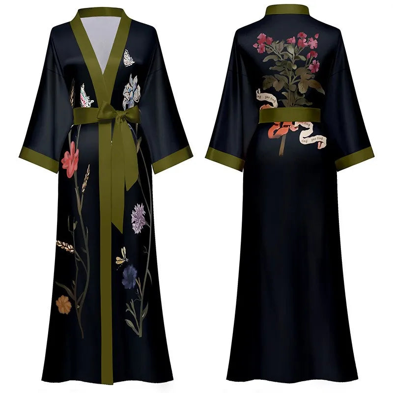 New Spring Summer Women Long Robe Kimono Bathrobe Gown Sexy Black Print Sleepwear Nightgown Casual Half Sleeve Satin Home Dress