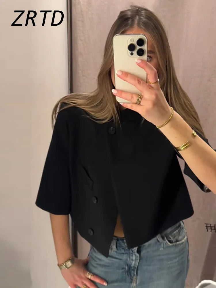 Elegant Women's Cropped Suit Jackets Asymmetric Stand Collar One Button Short Sleeve Blazer 2026 Spring Summer Lady Outwear
