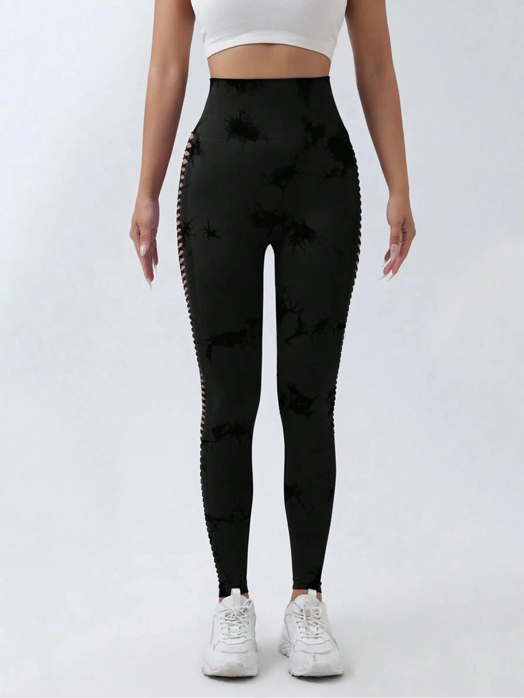 Black Tie-Dye Cutout High-Waist Yoga Pants Butt-Lifting Stretch Fitness Leggings Sports Slim-Fit Base Layer Leggings