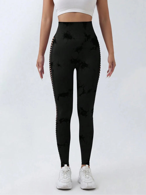 Black Tie-Dye Cutout High-Waist Yoga Pants Butt-Lifting Stretch Fitness Leggings Sports Slim-Fit Base Layer Leggings