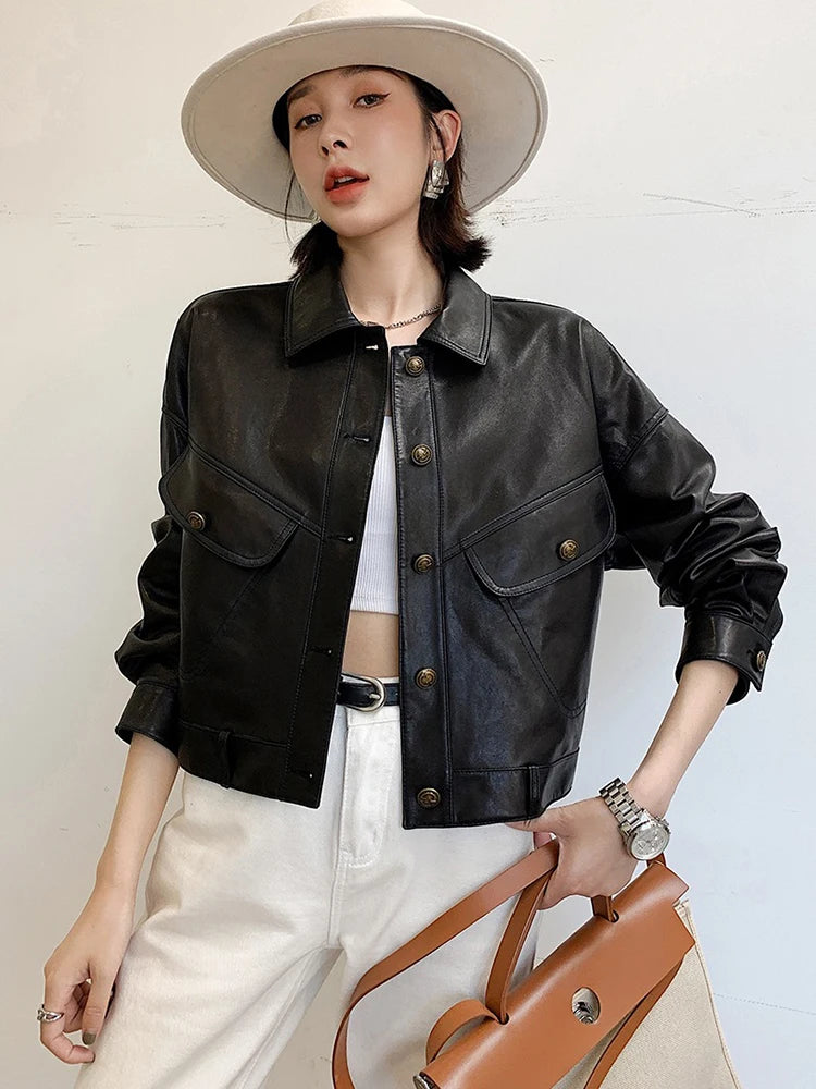 Khaki Genuine Leather Jacket Winter Coat Women Sheepskin Short Casual All-match Show Thin Locomotive Small Chaqueta Jassen Dames