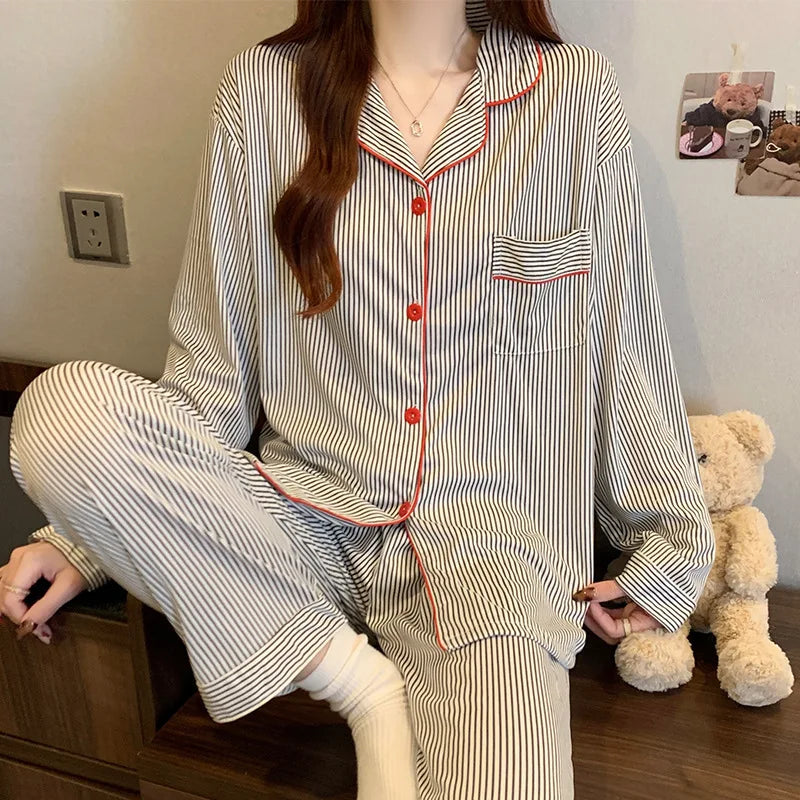 2PCS/Set Women's Long Sleeve Striped Pajama Set, Soft Breathable Loungewear, Casual Loose Fit Sleepwear for Girls