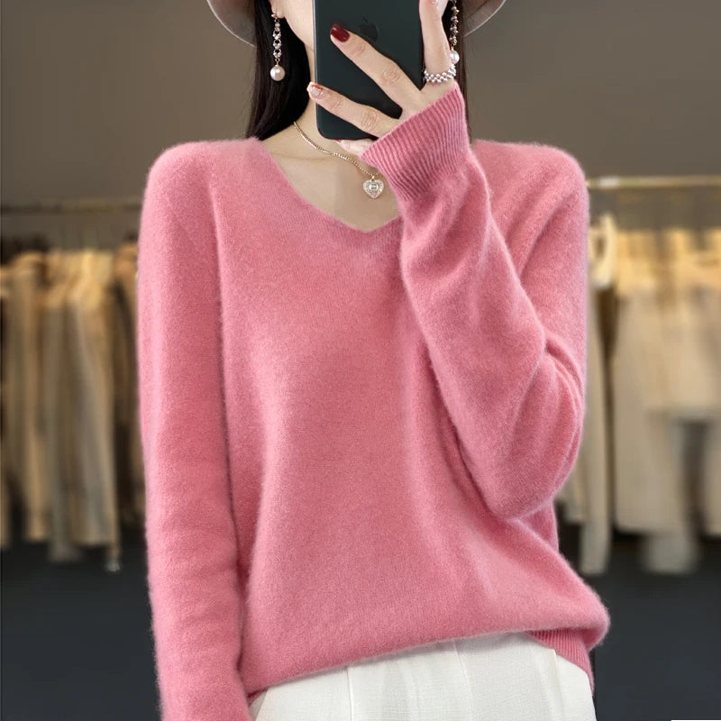 New Autumn And Winter Fashion First-Line Sweater 100% Pure Wool Women's V-Neck Pullover Knitted Base DMR201