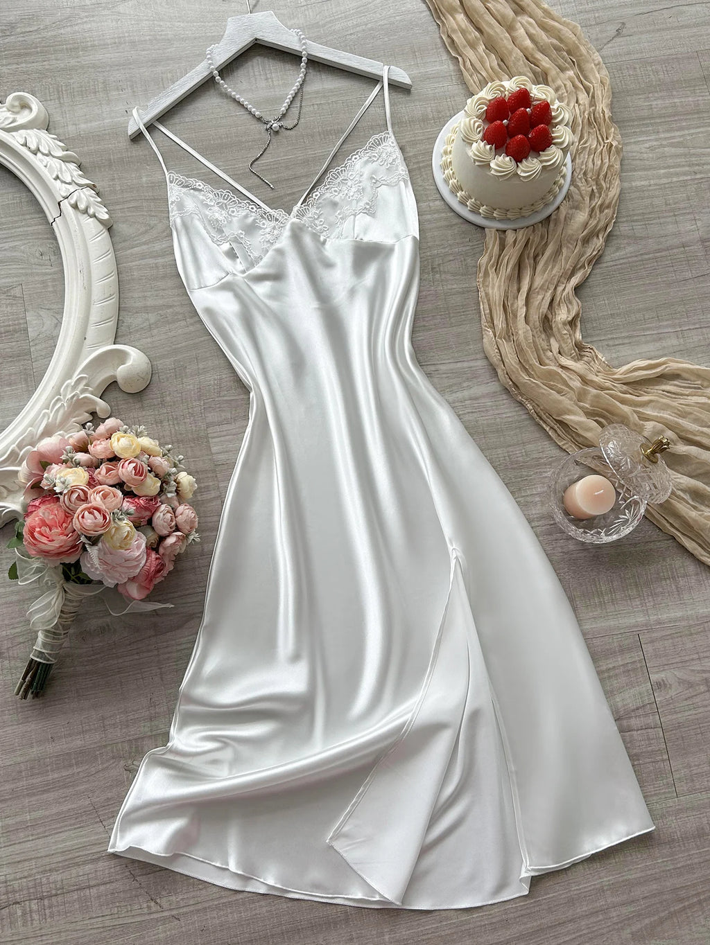 New Sexy Women's Nightgown with Lace V Neck long halter dress Side Slit Backless Elegant and Fashionable Sleepwear for Home Use
