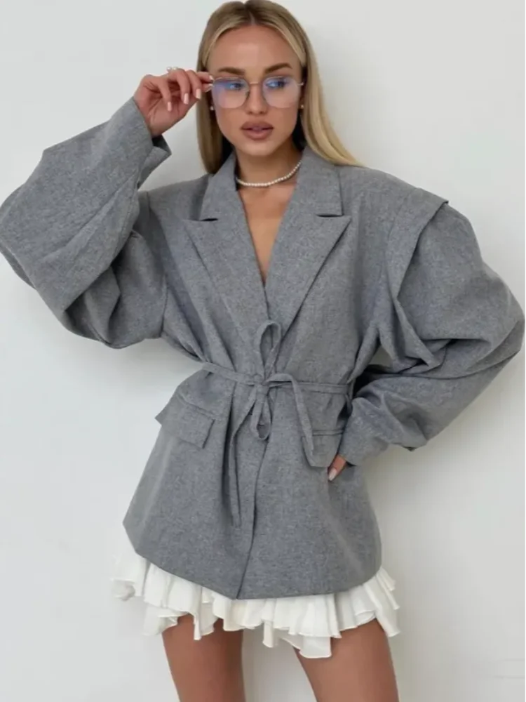 Solid Lapel Blazer Jacket For Women Oversize Notched Single Breasted Shoulder Pads Jackets 2025 Office Lady Long Sleeve Tops