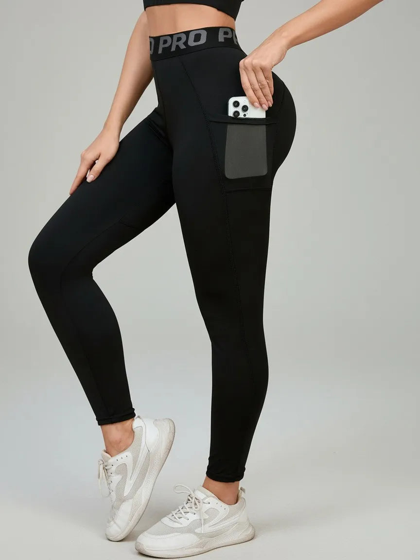 Women's Yoga Fitness Leggings with Letter Waistband and Side Pockets, Slim-Fit Long Pants for Outdoor Sports and Training.