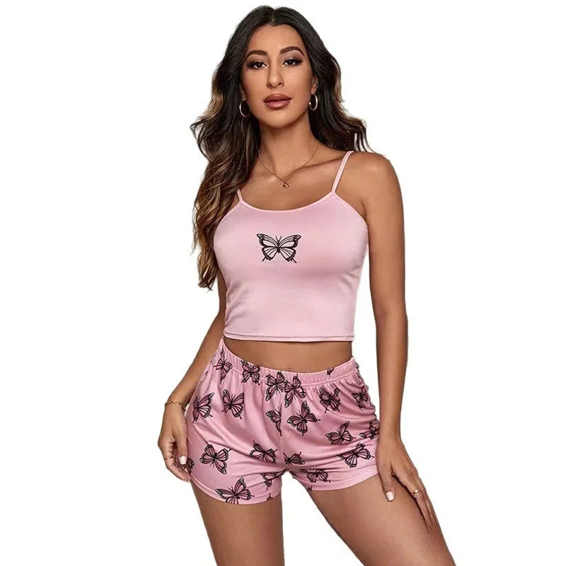 Summer Butterfly Print Milk Silk Chemise Short Set Casual Comfortable Home Wear Breathable Moisture Wicking Sleepwear