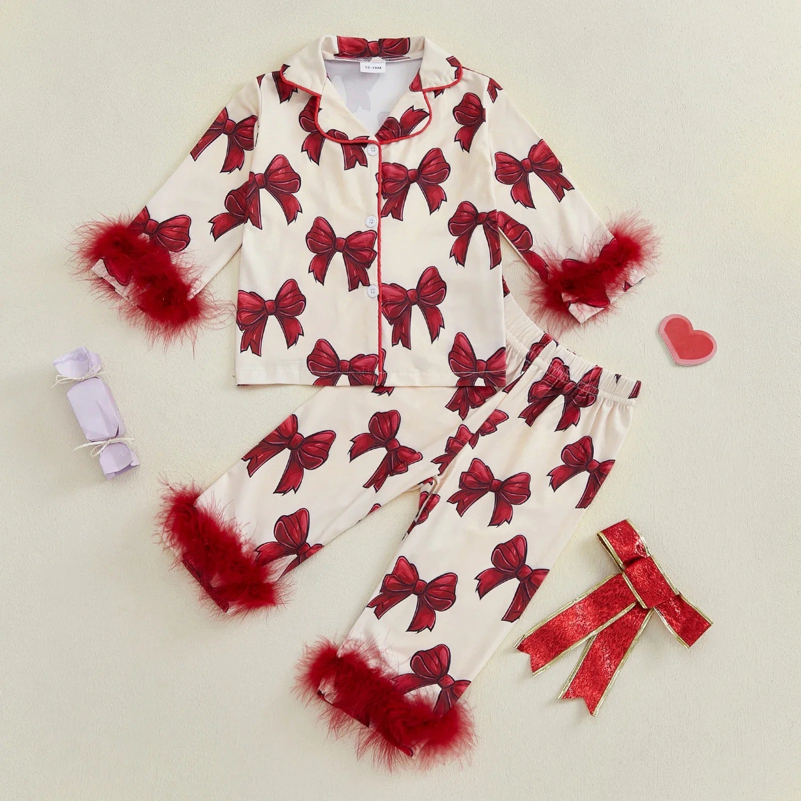 Cute Infant Baby Girl 2Pcs Pajamas Feather Trim Long Sleeve Bow Print Shirt + Pants Set Toddler Sleepwear Homewear Clothing