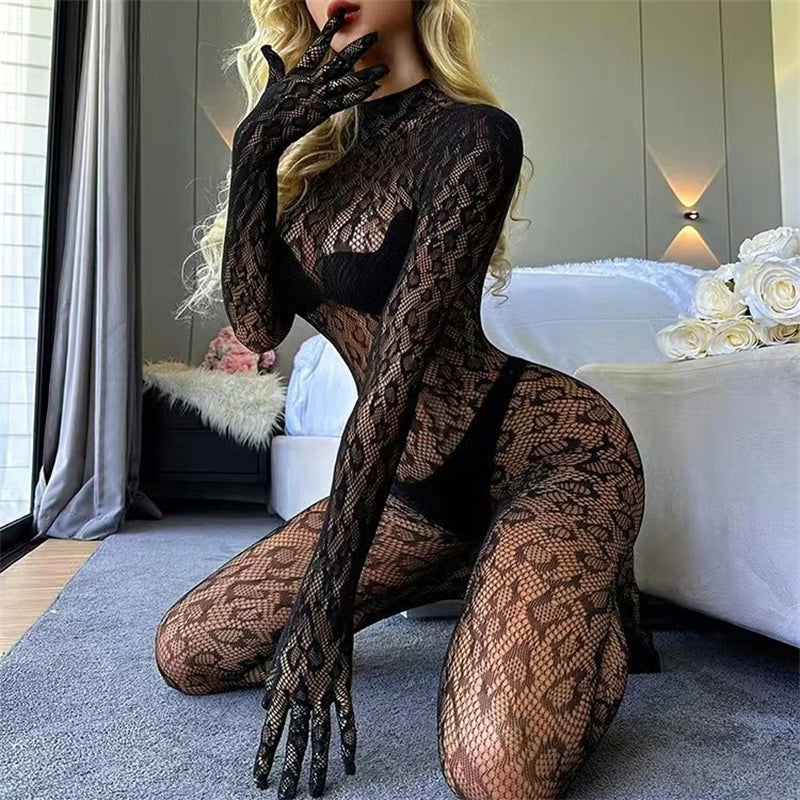 Women Sexy Leopard Hollow Out Mesh Bodystocking Fishnet Lingerie Long Sleeve See Through Bodysuit Jumpsuit Nightwear SIMPLEJEWEL