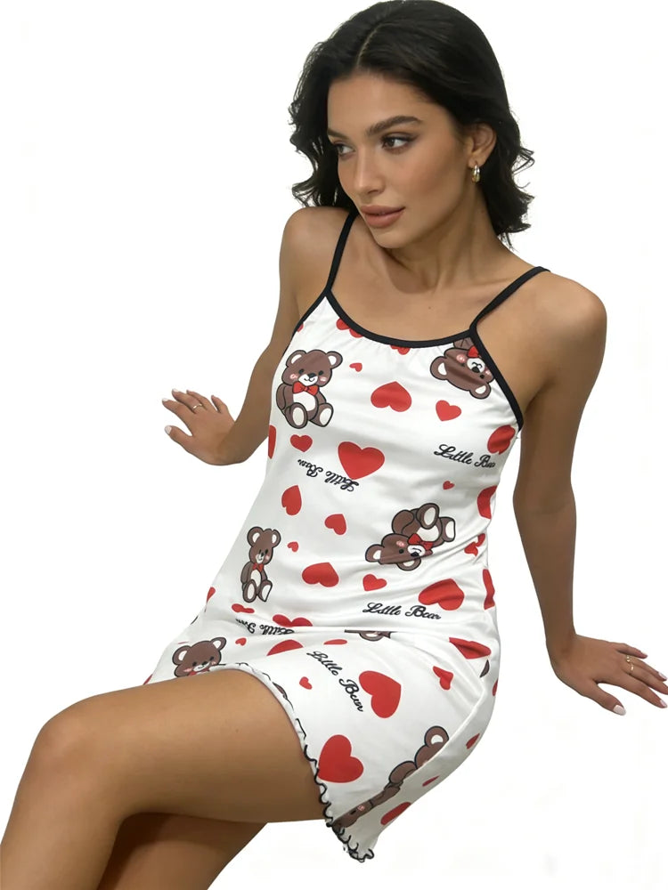 Women's Sexy Lace Trim Camisole Nightgown Summer Sleepwear Set with Heart Print Thin Comfortable Pajamas Summer Sling Nightgowns