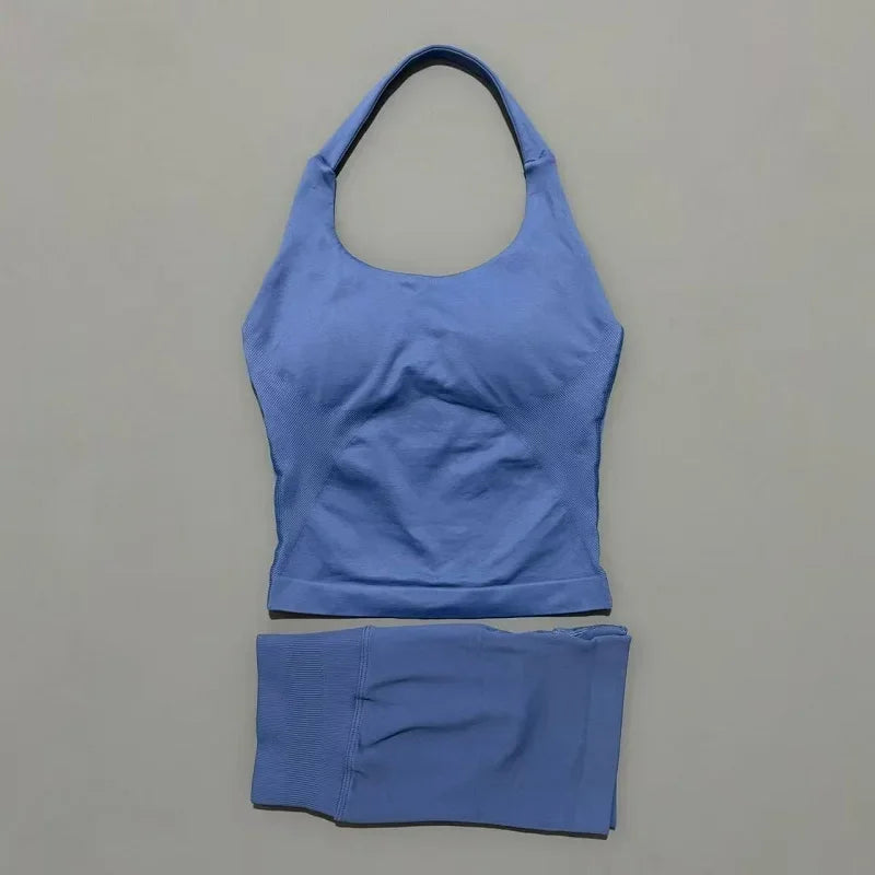 2 Pcs HISTELLO Halter Top Strappy Bra Shorts Set Women Yoga Workout Clothes Seamless Vest Hip-Lifting Sports Leggings Gym Suit