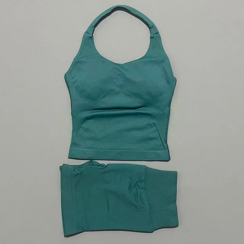 2 Pcs HISTELLO Halter Top Strappy Bra Shorts Set Women Yoga Workout Clothes Seamless Vest Hip-Lifting Sports Leggings Gym Suit