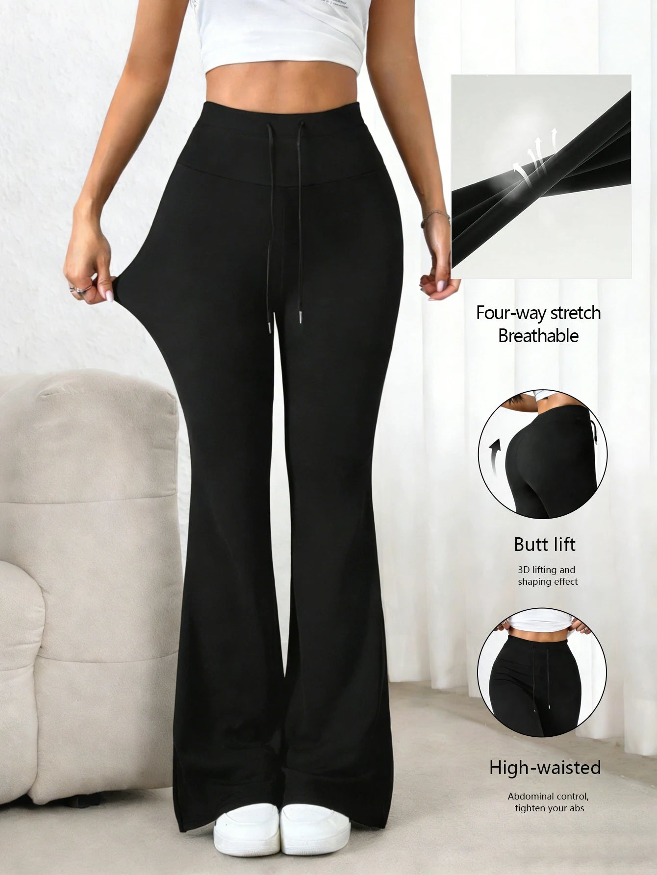 Women's Black High Waisted Bell-bottom Pants 2026 Spring Drawstring Waist Stretchy Skin-friendly Breathable Casual Daily Trendy