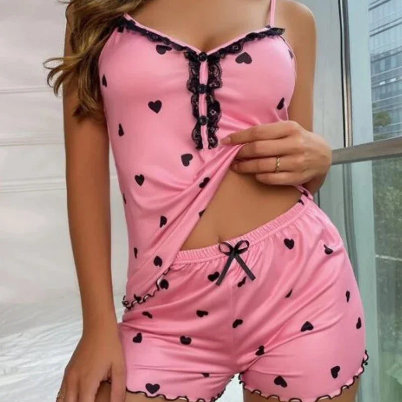Ladies' Sexy V-neck Pajamas Summer Two-piece Comfortable Home with Button Lace Lace Suspender Shorts Set