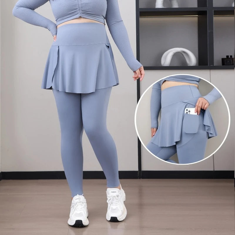 Plus Size Fit 200lbs Yoga Fake Two Items Leggings with Pockets Sharkskin High-Waisted Skirt Pants Gym  Trainning Slim Tights