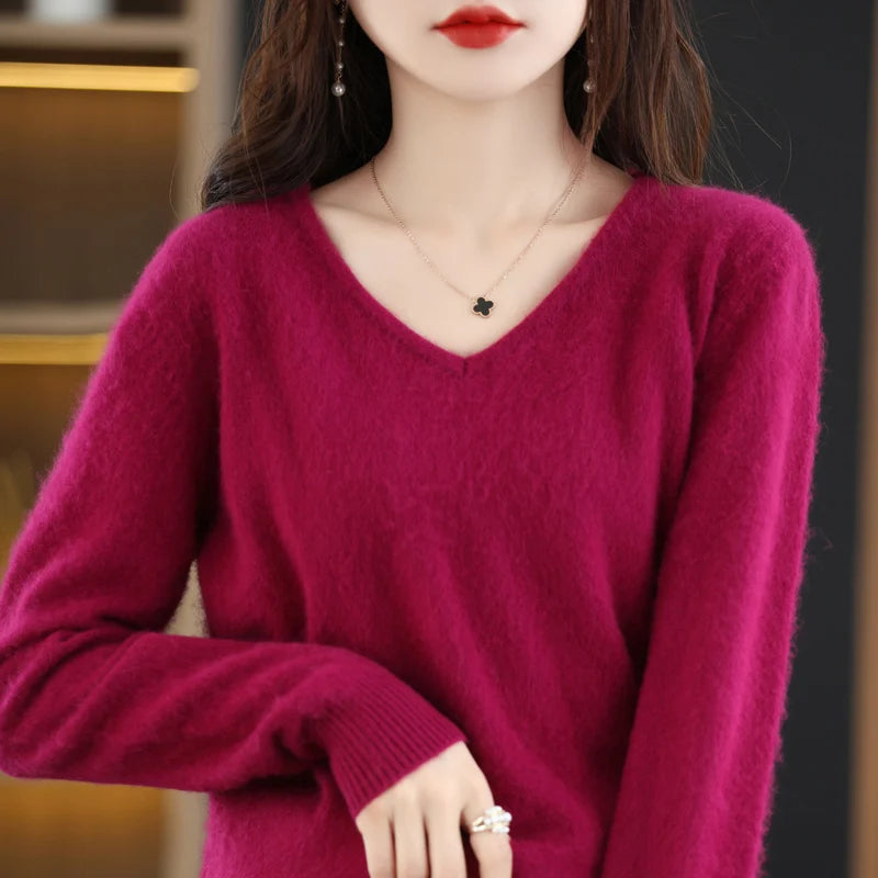 Autumn and Winter New Women's Sweater 100% Mink Cashmere Women's V-neck Pullover Casual Knitting Basic Fashion Large Top