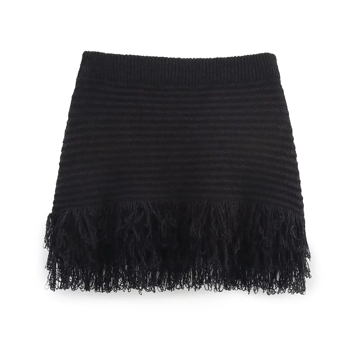 KONDALA 2026 Spring Summer Elegant Knitted Tassel Solid Women Suit Turndown Collar Hollow Out Shirt Elastic Wasit Mini Skirt