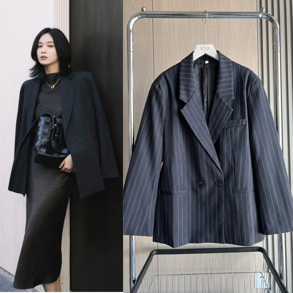 ETJ Fall/Winter 2025 New  Women's Street Fashion oversized pinstripe shoulder-padded loose suit jacket for women
