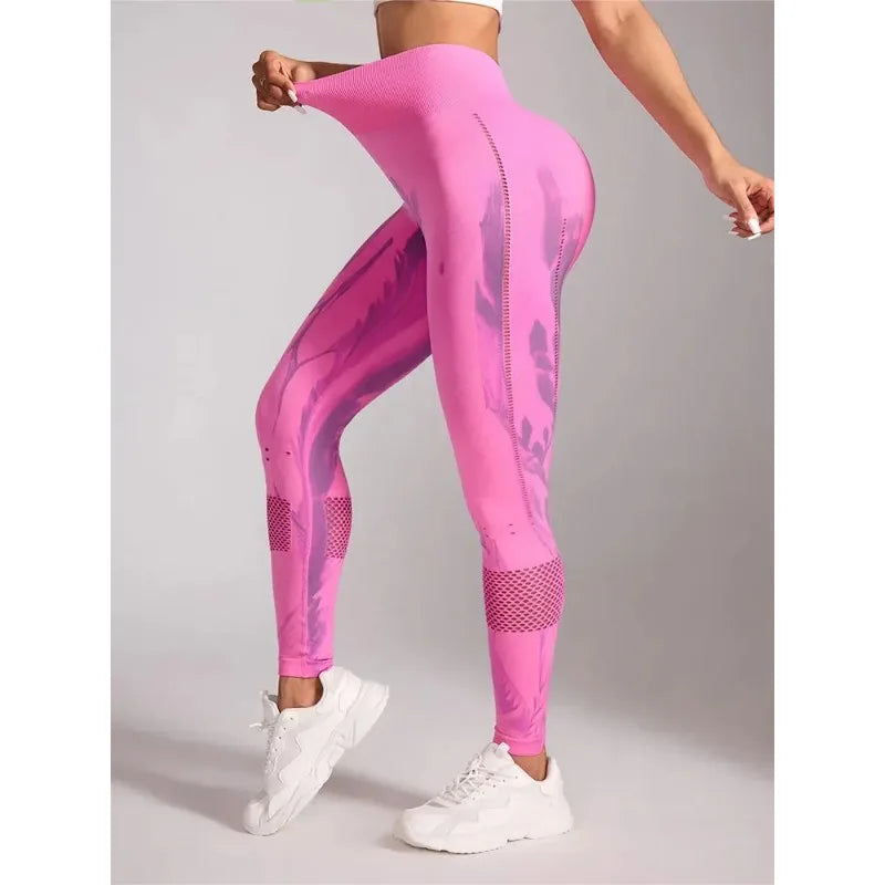 Women Stretchy Yoga Pants Gym Tie-Dye Leggings for Women Seamless High-Waisted Hollow Out Tight-Fitting Workout Leggings