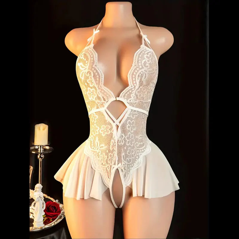 Transparent Porno Lace Underwear Neck-hanging Bra One-piece Thong Set Woman Intimate Sexy Lingerie Erotic Sleepwear Night Dress