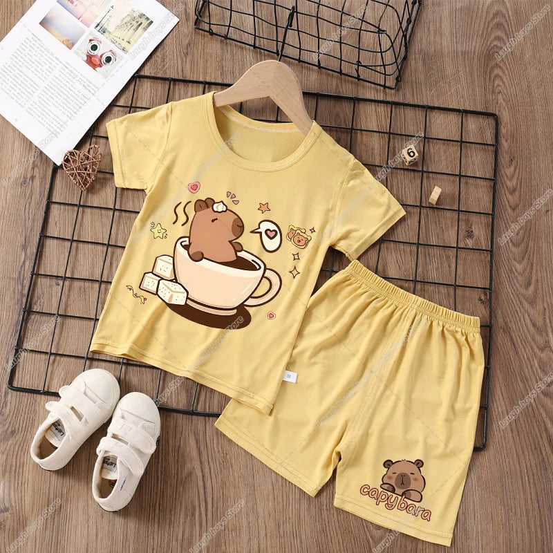 Capybara Cute Pajamas Suit Short Sleeve Sleepwear Cartoon Animal Print Soft Homewear Set Kawaii Silky Home Nightgown Summer Gift