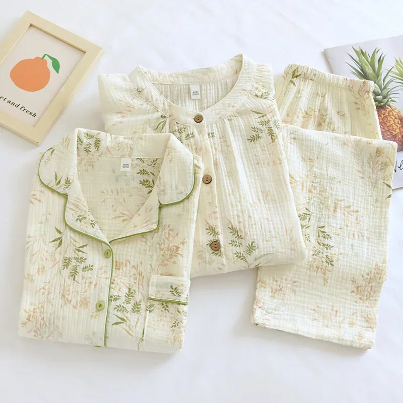 2026 New Spring and Autumn Women's Pajama Set 100% Cotton Crepe Printed Long Sleeve Pants Two Piece Home Suit Set Sleepwear
