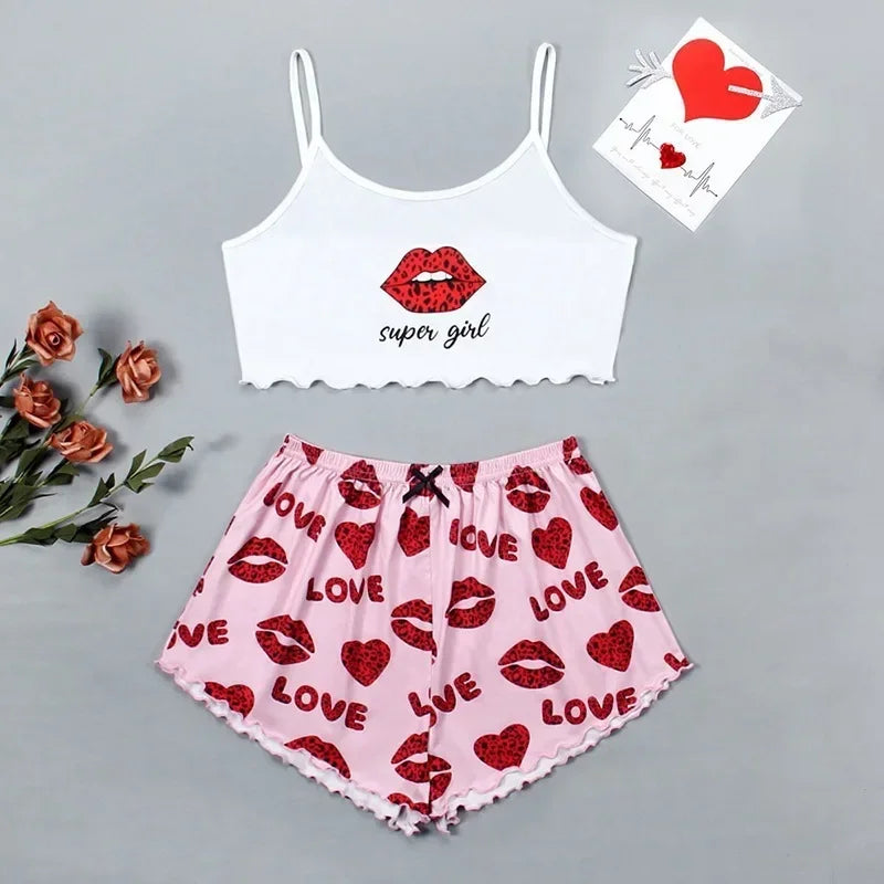 Comfortable Thin Knitted Vest Strap Home Sleepwear Set for Women Summer Season Print Pattern Home Leisure Women's Nightgown