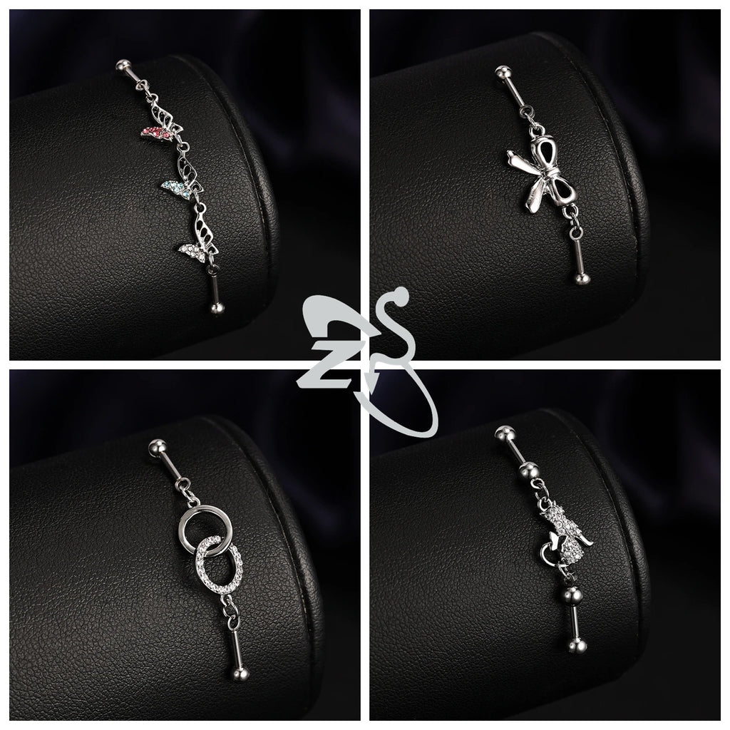 ZS 1 Piece 14/16G Stainless Steel Long Industrial Barbell Ring 22-52MM Butterfly Cat Cartilage Helix Earring Piercings Jewelry