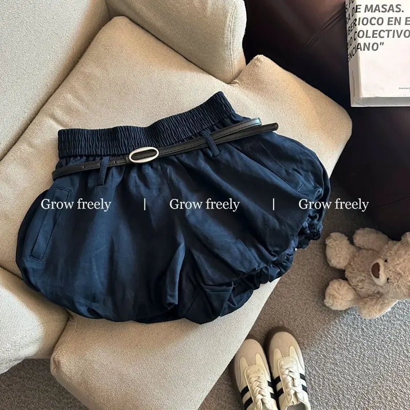 Women High Waist Casual Summer 2025 Elastic Waist Shorts Korean Style Blooming Skirt Pants with Belt