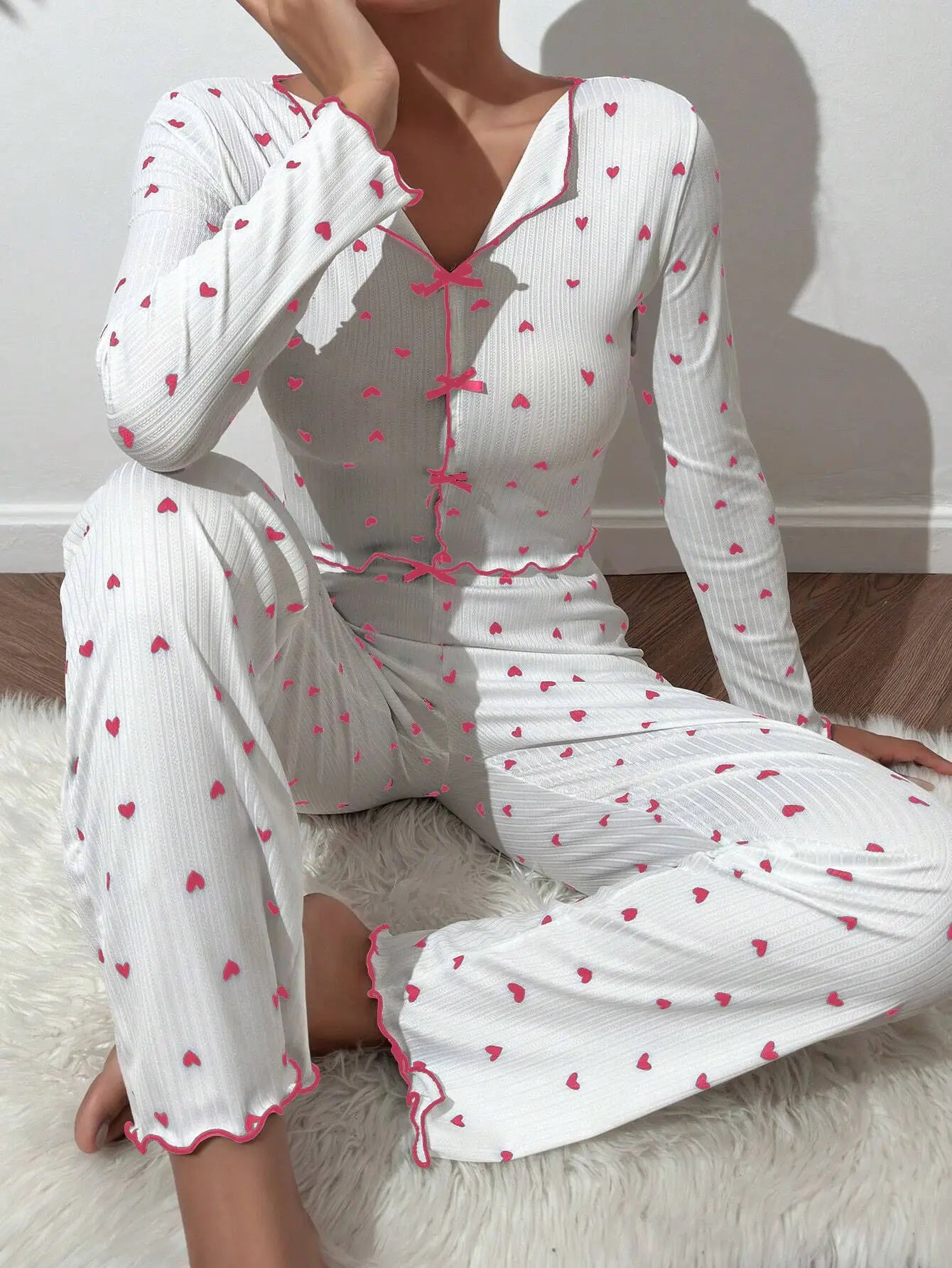 2 Piece Sets Women Pajamas Suit Top Pants Ensemble Sleepwear Heart Print Bow Loungewear Female Autumn Outfits Nightwear 2025