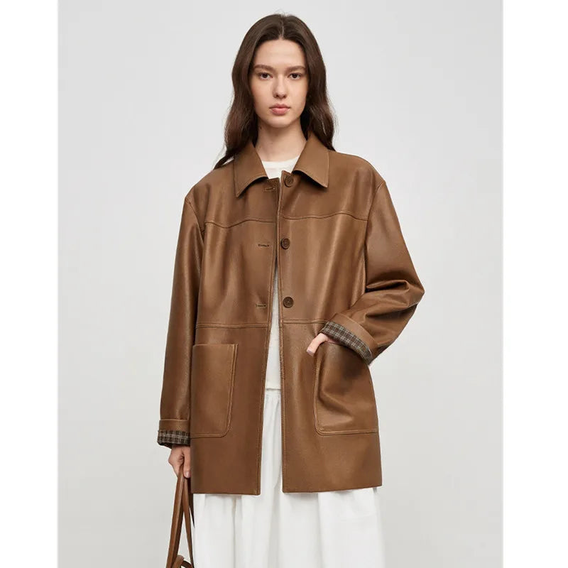 Women's Plant Tanned Leather Coat Trench Lapel Sheepskin Mid-Length Autumn Winter Outerwear
