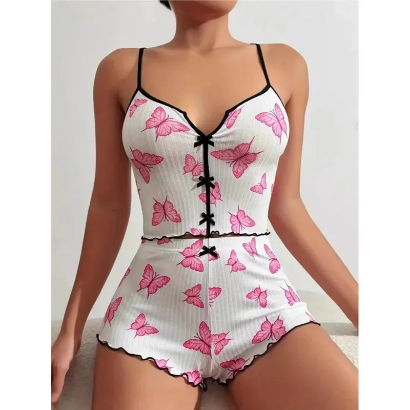 New Hot Sale Of The Season Heart Print Color Block Sleepwear Set with Front Slit Strap Design Comfortable Spandex Nightgown Wome