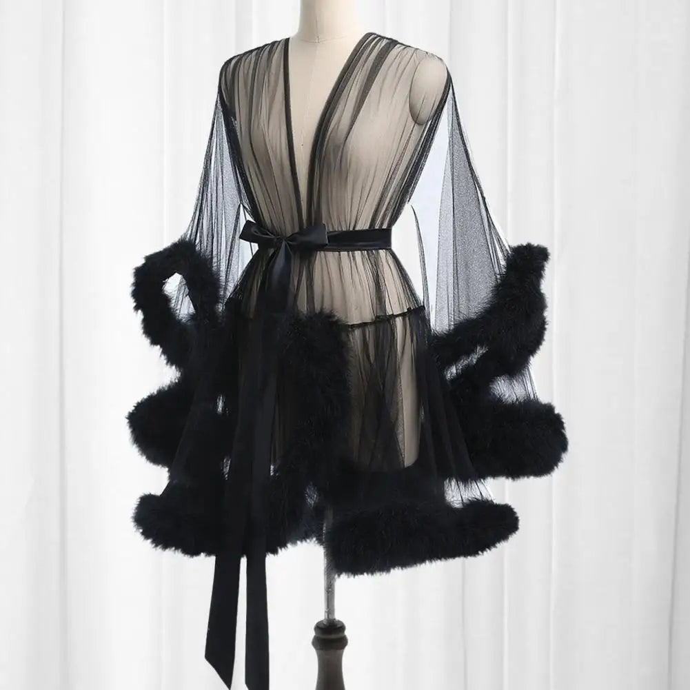 Women Solid Color Nightgown Mesh Ruffle Nightgown with Adjustable Waist Tie Sexy Plush Trim Sleepwear for Women Elegant Solid
