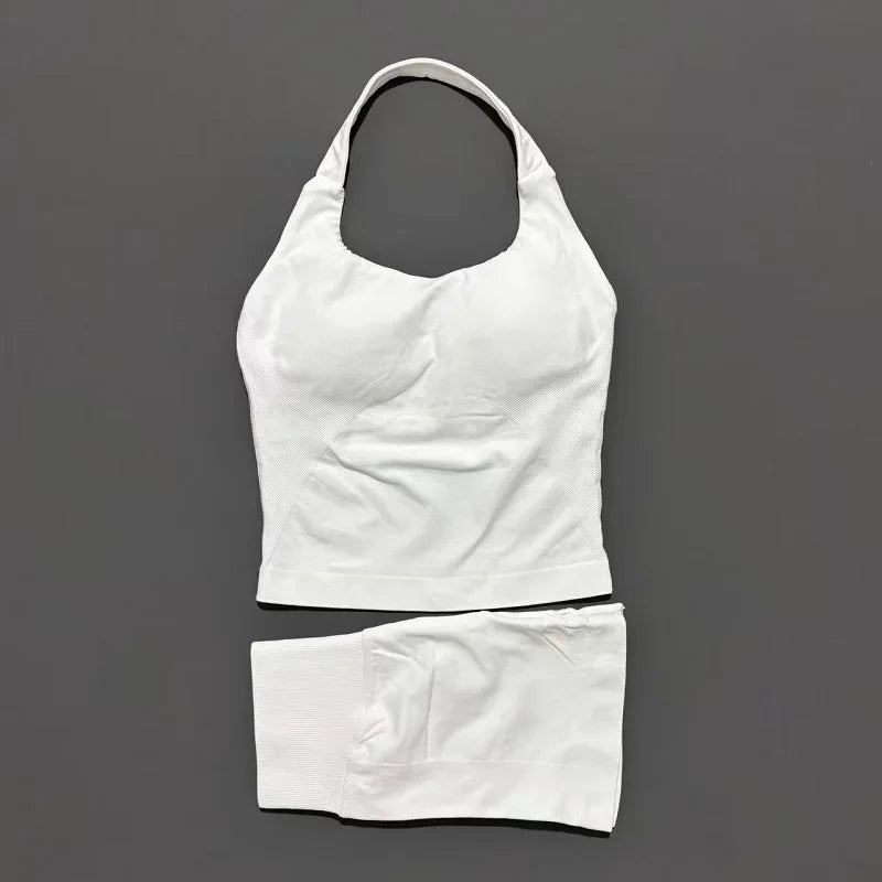 2 Pcs HISTELLO Halter Top Strappy Bra Shorts Set Women Yoga Workout Clothes Seamless Vest Hip-Lifting Sports Leggings Gym Suit
