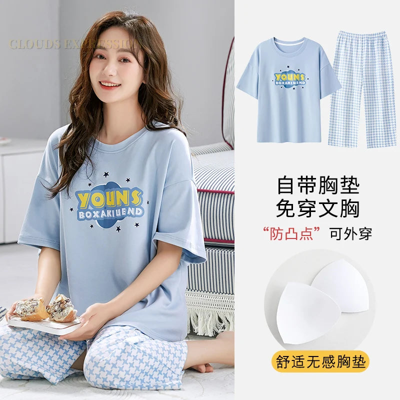 Summer Nightwear Pj Young Womens Pajama Sets Bust-Padded Pyjamas Femme Cartoon Sleepwear Female Loungewear Pijama Mujer Homewear