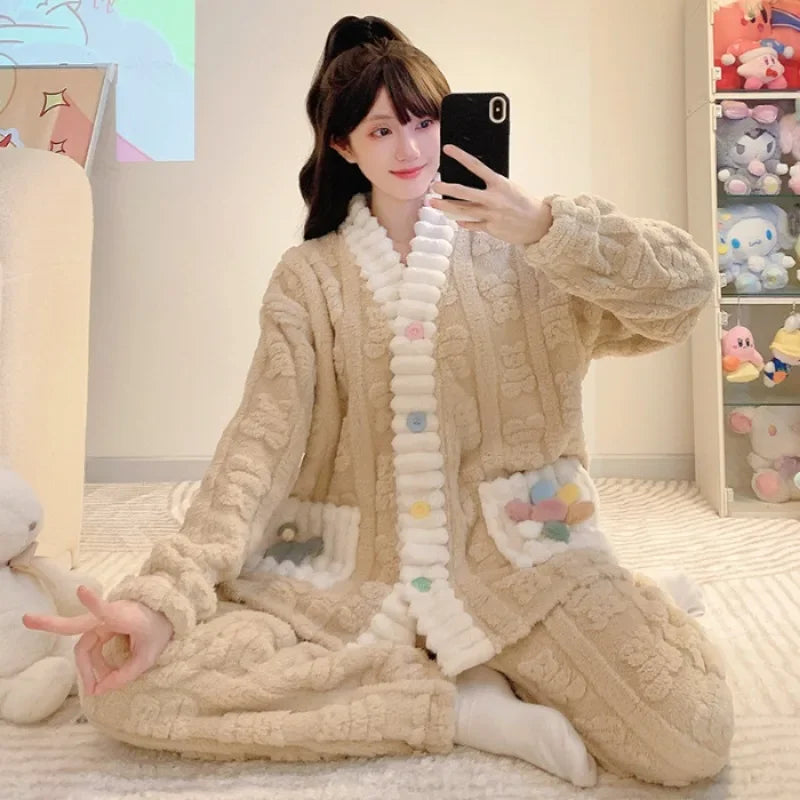 5XL Plus Size Winter Warm Sleepwear Women Korean Sweet Pajamas Set Nightwear Flannel Cardigan Night Wear Home Clothes Outfits