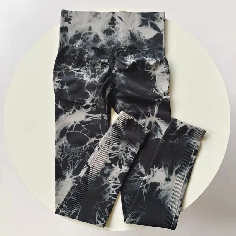 VEQKING Seamless Tie Dye Women Yoga Pants High Waist Sports Leggings Elastic Quick Dry Gym Fitness Pants Tight Workout Trousers