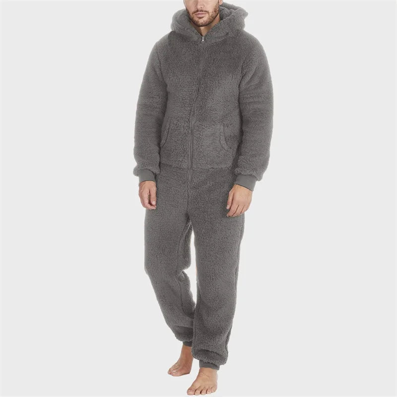 Men's Hooded Pajamas Autumn and Winter Thickened Jumpsuit Hooded Clothing Fleece Zipper Front Full Length Jumpsuit Sleepwear