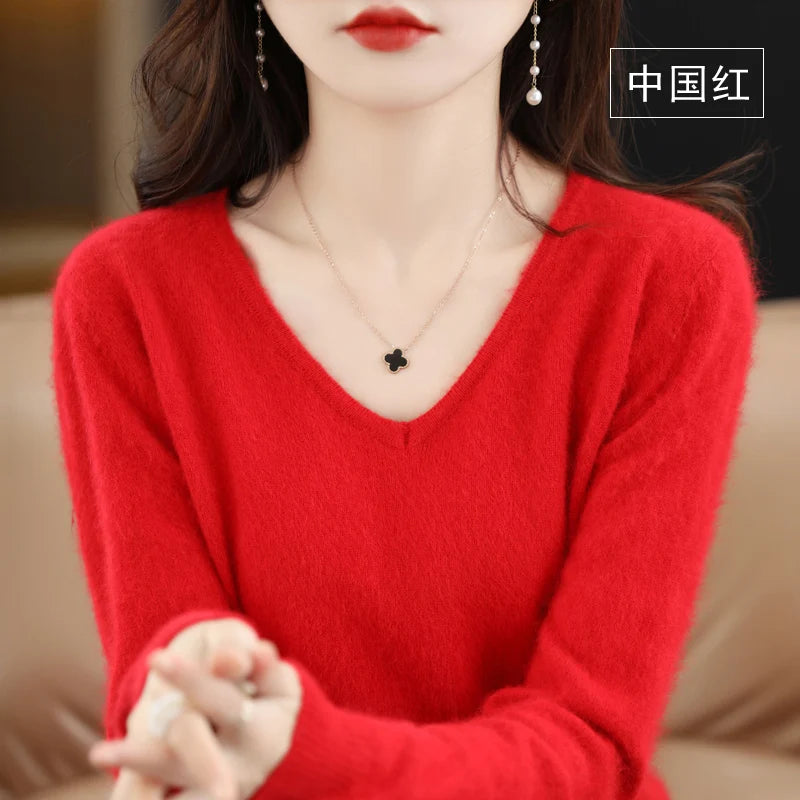 Autumn and Winter New Women's Sweater 100% Mink Cashmere Women's V-neck Pullover Casual Knitting Basic Fashion Large Top