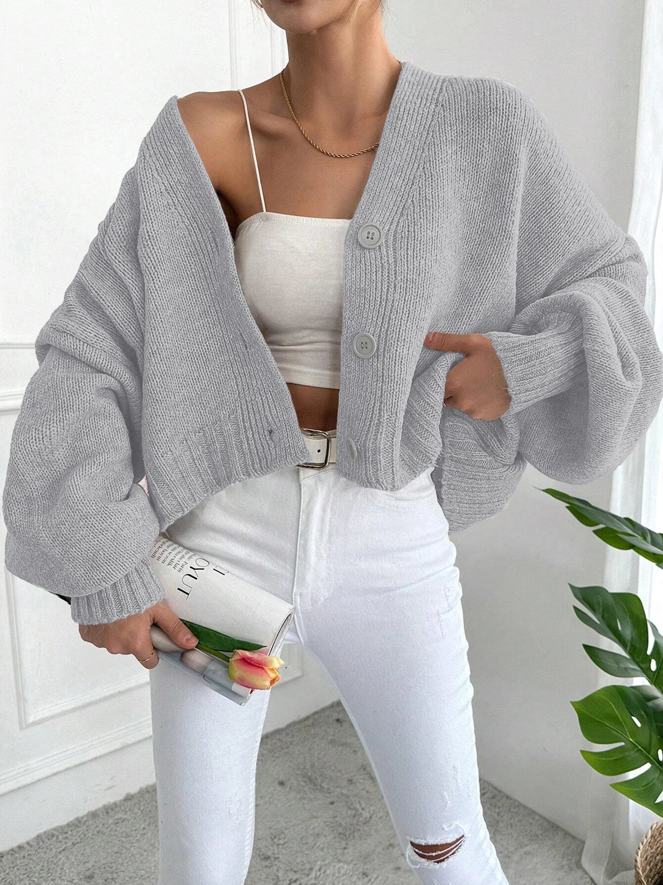 Women's Autumn Winter Knitted Sweater Cardigan, Batwing Sleeve Drop Shoulder Button Loose Fit Pullover, Casual Fashion for Ladie