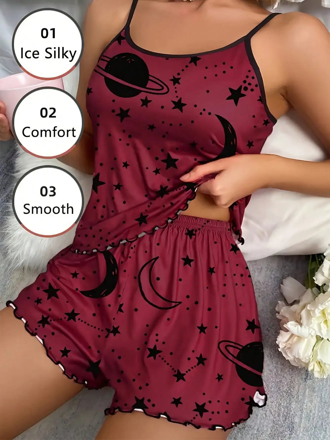 Women's  Allover Moon& Star Pajamas Casual Sleepwear 2 pieces Set Camisole Shorts Starry Print Red scoop neck Cami Top Backless